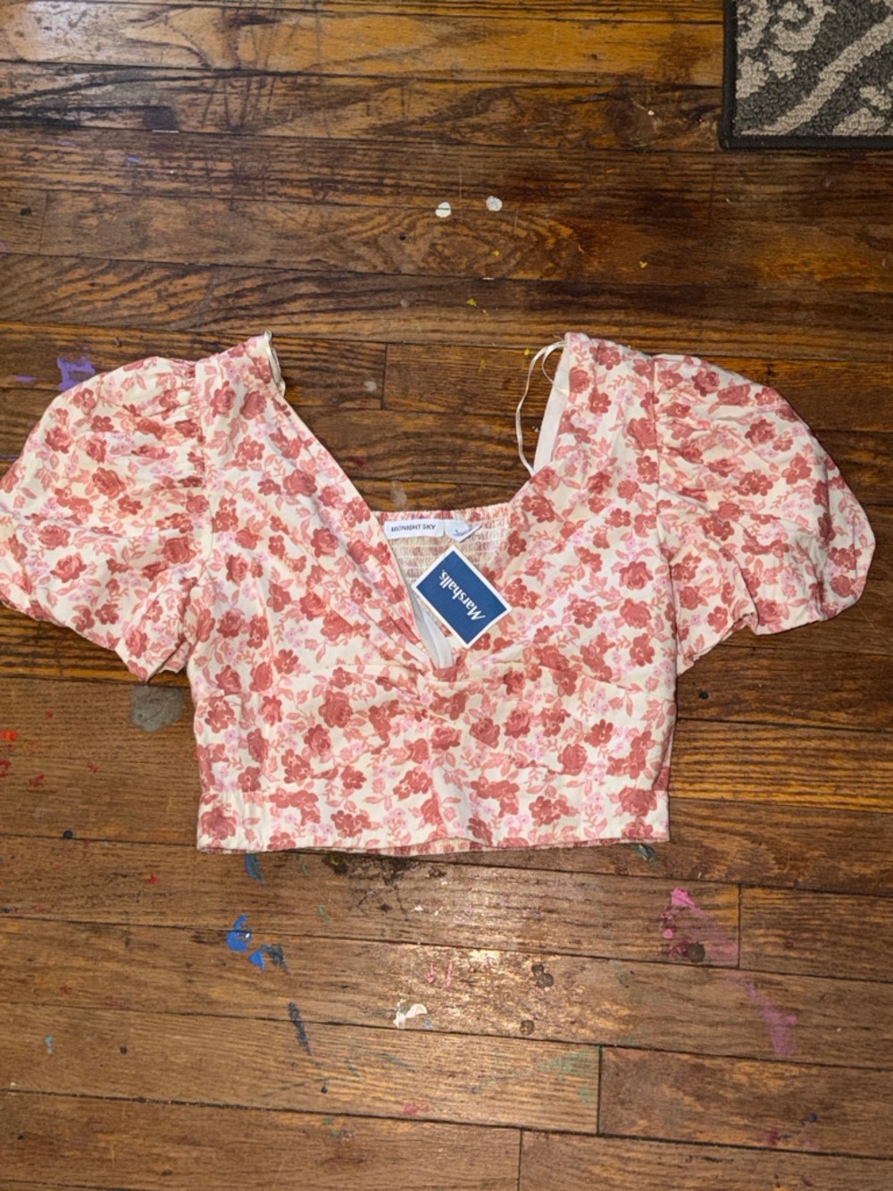 Maeve Floral Puff-Sleeve Crop Top in Pink